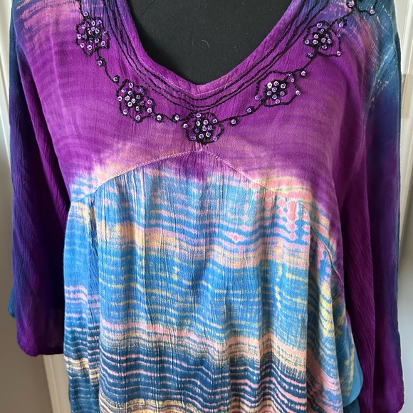 Boho tie-dye blue-green top hippie - Picture 2 of 8